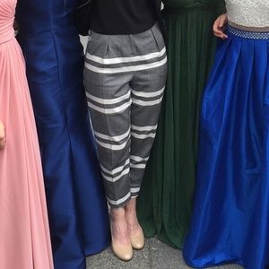 TOPSHOP GRAY & WHITE STRIPED HIGH-WAISTED TROUSERS